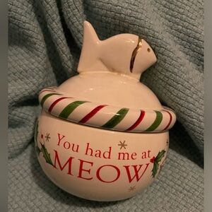 Lenox Holiday Pet Cat Treat Jar fish finial You had me at Meow Jar